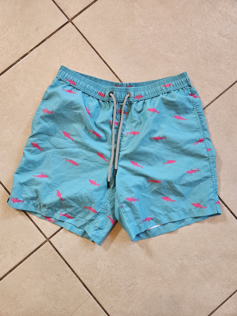 Men's Turquoise Swim Trunks with Pink Shark Motif